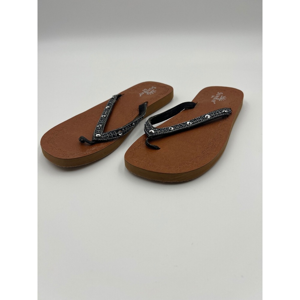 Sunbay Spa Womens Flip Flop Sandals Brown Black Silver Studded Size 9-10 10 Inch